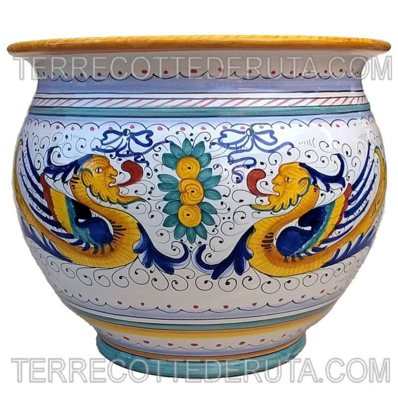 Porta vaso cachepot ceramica maiolica Deruta dipinto a mano decoro  Raffaellesco