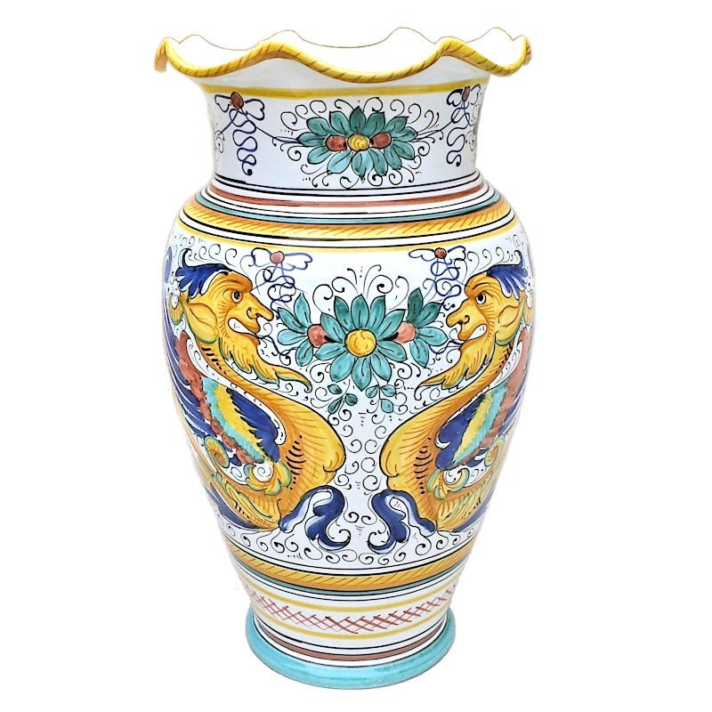 Scalloped edge umbrella stand Deruta ceramic majolica hand painted raphaelesque