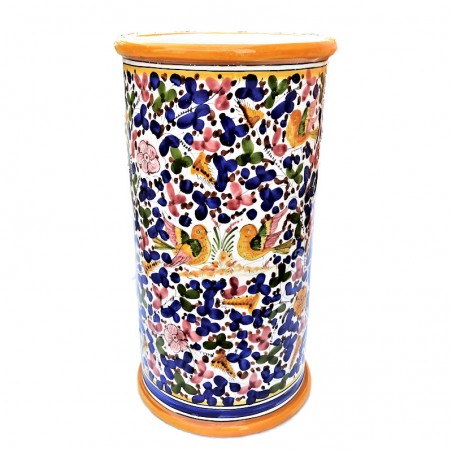 Cylindrical umbrella stand Deruta majolica ceramic hand painted colored arabesque