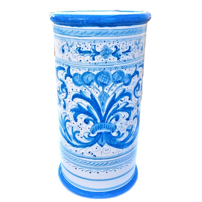 Cylindrical umbrella stand Deruta majolica hand painted rich Deruta turquoise