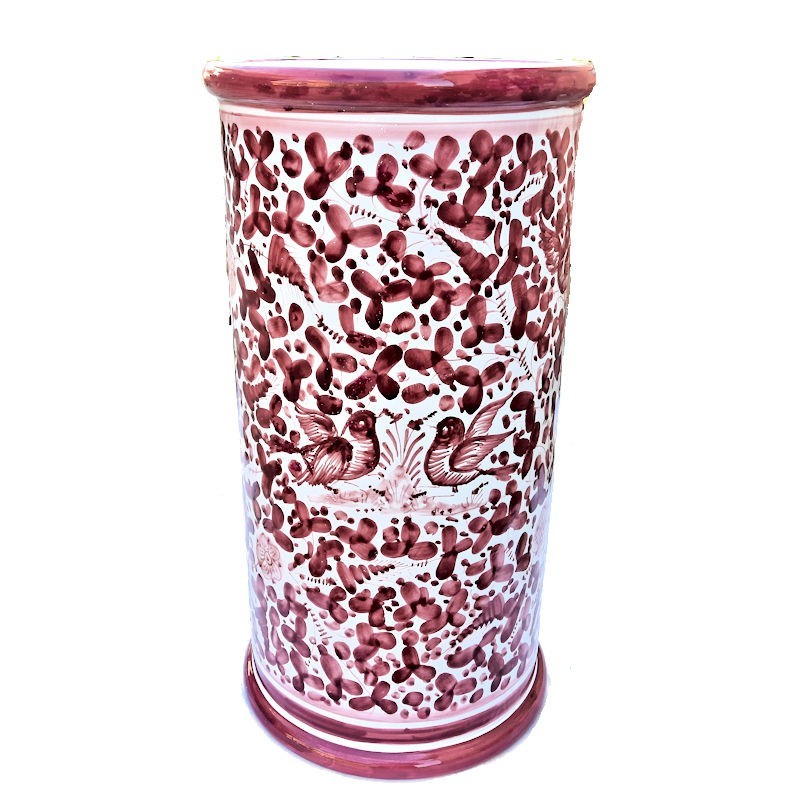 Cylindrical umbrella stand Deruta majolica ceramic hand painted red arabesque