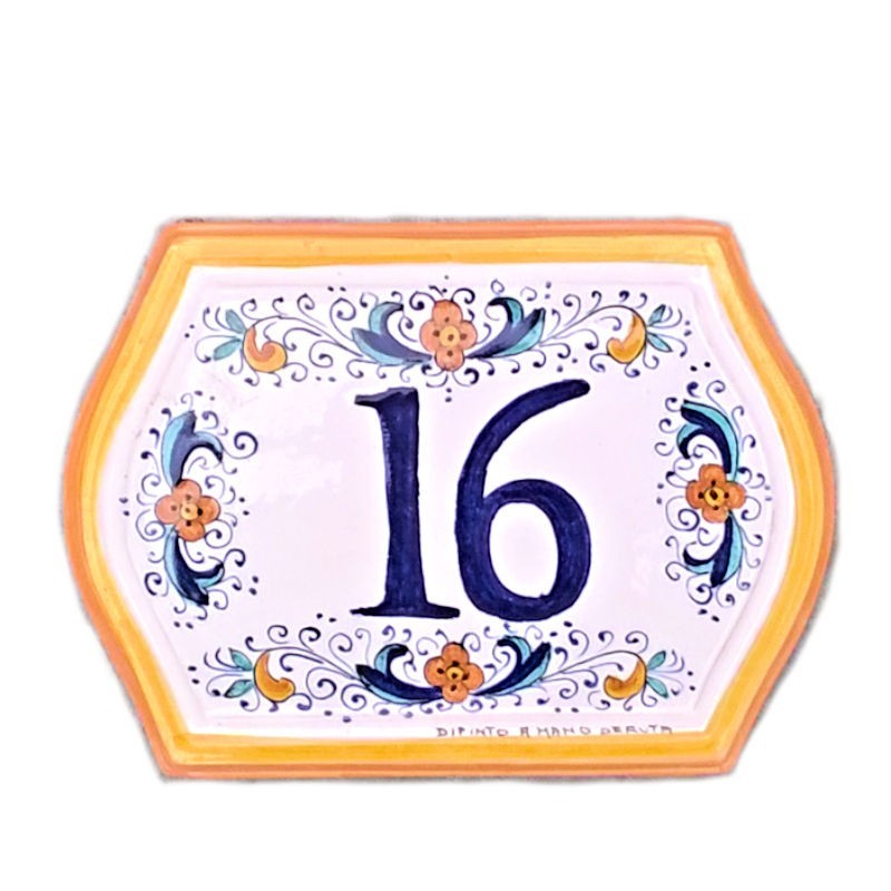 House number ceramic majolica Deruta hand painted yellow edge