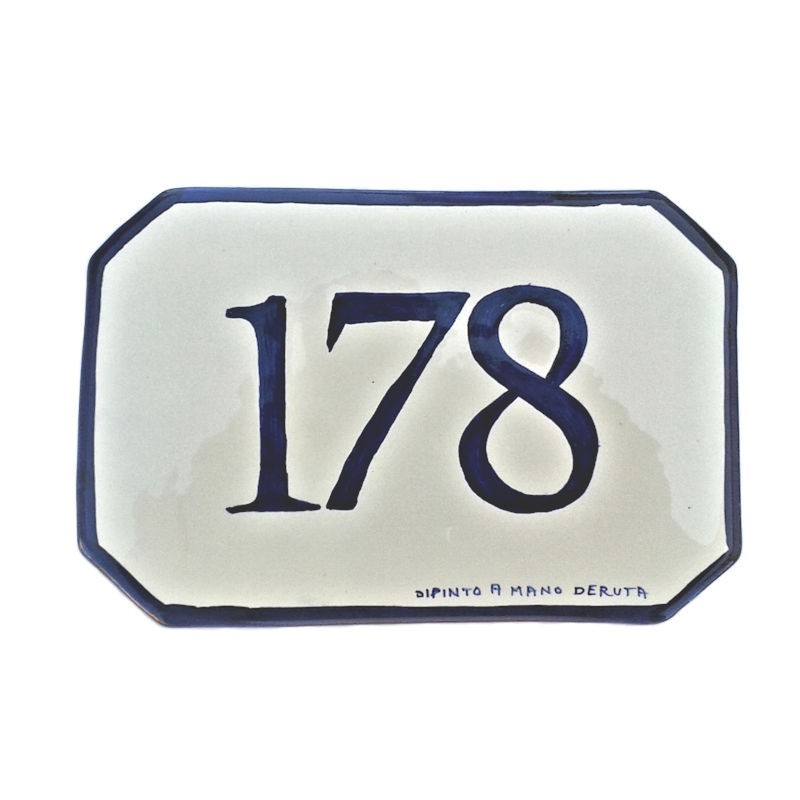 Simple house number Deruta majolica ceramic hand painted blue border