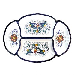 Oval baroque appetizer tray 4 compartments majolica ceramic Deruta rich Deruta blue